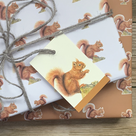 Red Squirrel Wrapping Paper Close up on Tag