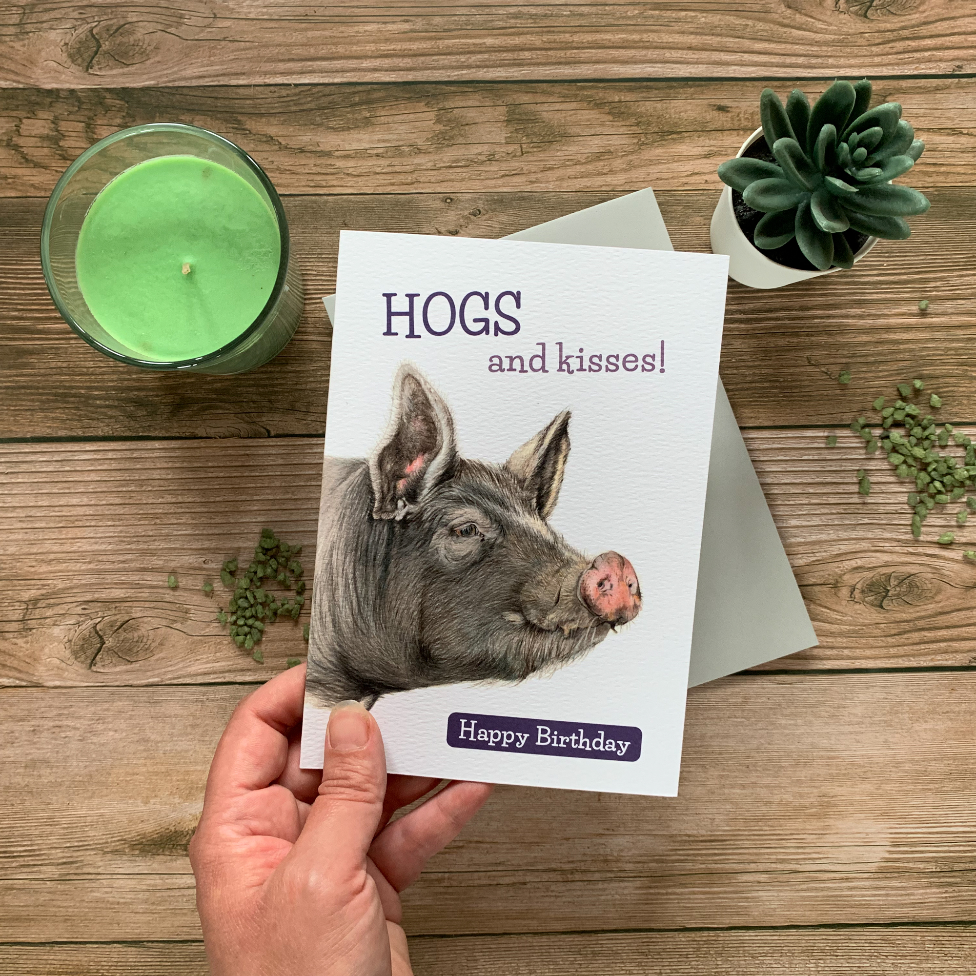 Pig fun Birthday Card with light grey envelope