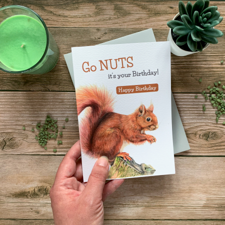Squirrel Fun Birthday Card with light grey envelope