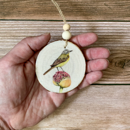 Yellow Wagtail on Allium Bird – Wooden Ornament Decoration - Image 3